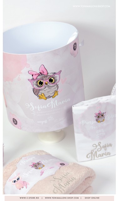 Trusou de botez brodat cu bufnite si anemone pentru fete, Bufnita Petrecareata 11